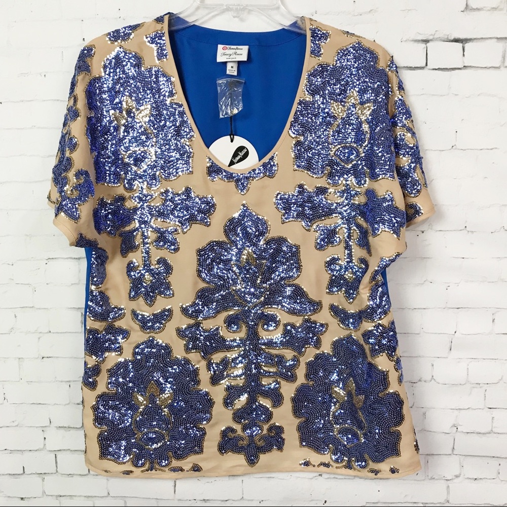 Neiman Marcus Royal Blue Nude Gold Sequin Top - Picture 2 of 7